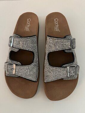 Corky Rhinestone Slide Sandals Size 11 Double Buckle Sparkle Slides NEW